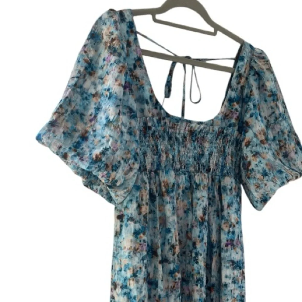 By Anthropologie Floral Dress Milkmaid Watercolor Blue Midi Size XXS - Picture 5 of 12